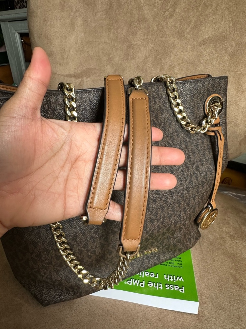 Michael Kors Jet Set Logo Chain Shoulder Bag Brown Coated Canvas Good Condition - Picture 3 of 15